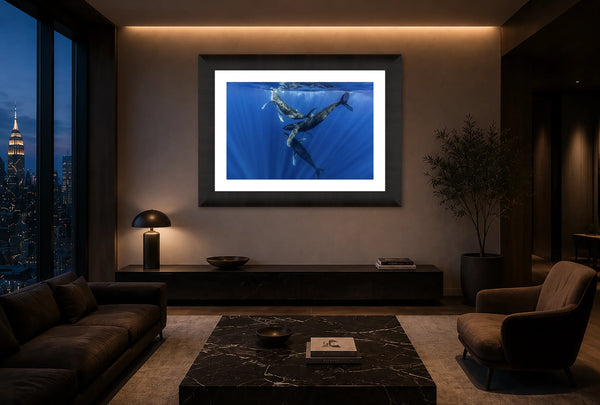 Ballet of Giants humpback whale fine art print framed on the wall of a luxury Manhattan penthouse living room at dusk