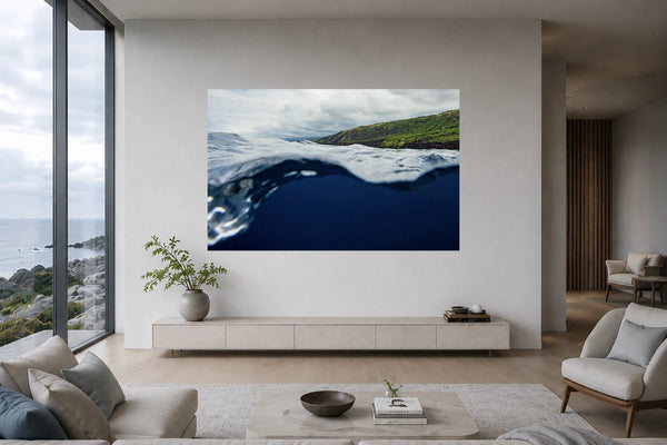 Between Two Worlds over-under ocean fine art print framed in a serene cool Scandinavian coastal living room