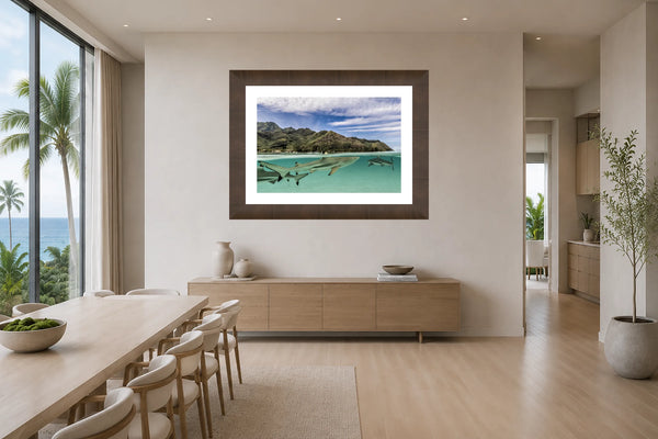 Blacktip Lagoon over-under reef shark and tropical island fine art print framed in a bright luxury coastal dining room