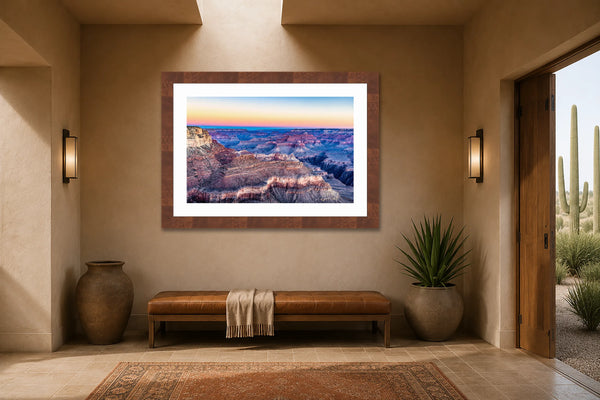 Canyon Skies Grand Canyon sunset fine art print framed in a warm desert-modern entry foyer