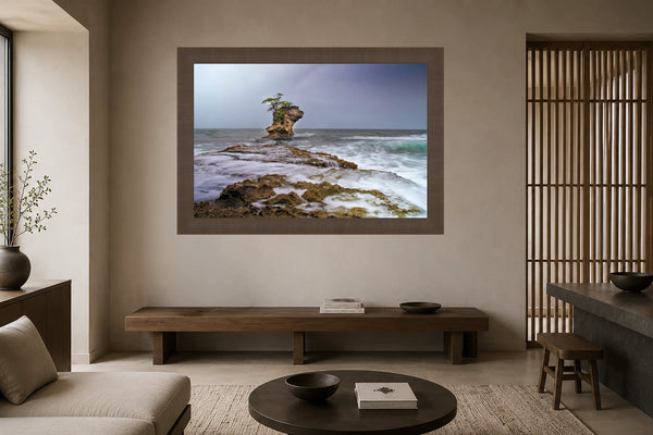 Caribbean Castaway moody coastal seascape fine art print framed in a serene Japandi sitting room