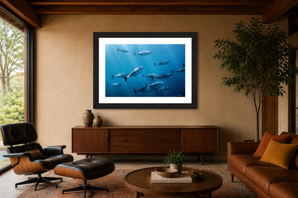 Chasing Tuna school of yellowfin tuna fine art print framed in a warm mid-century modern living room