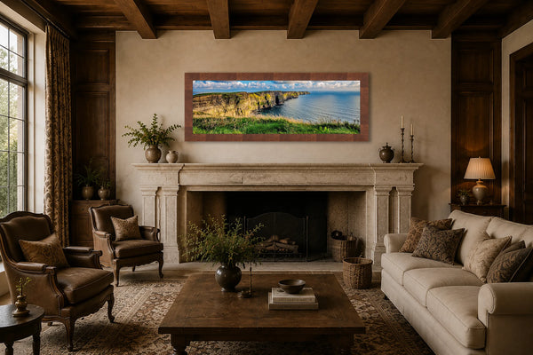 Cliffs of Moher Ireland panoramic fine art print framed above a fireplace mantel in a refined European country-manor living room