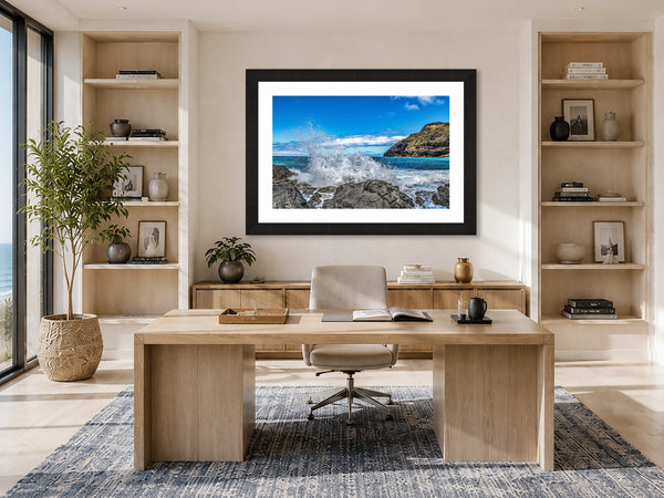 Crashing Waves Hawaiian seascape fine art print framed in a bright modern coastal home office