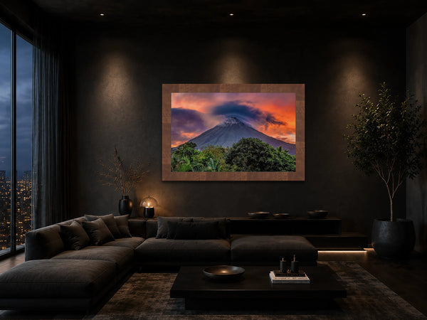 Crowned in Fire Arenal volcano fiery sunset fine art print framed in a dark dramatic contemporary gallery living room