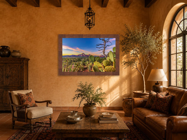 Desert Dreams Sedona red rock sunset fine art print framed on a warm plaster wall in a luxury Spanish Colonial hacienda living room