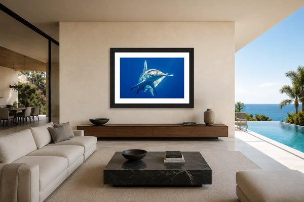 Eye Contact hammerhead shark fine art print framed on the feature wall of a modern glass pavilion living room overlooking an infinity pool and the ocean