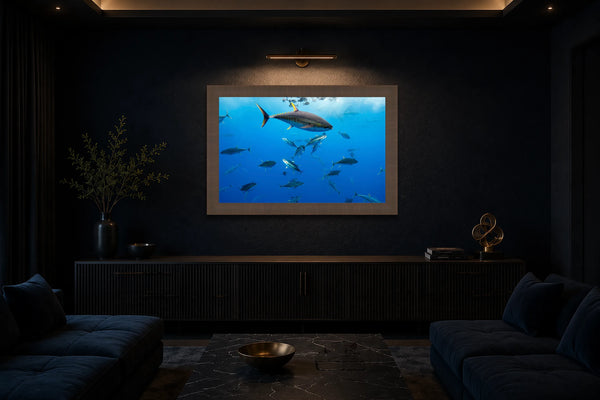 Haywire yellowfin tuna fine art print framed and lit on a deep navy feature wall in a moody luxury home screening lounge with velvet sectionals