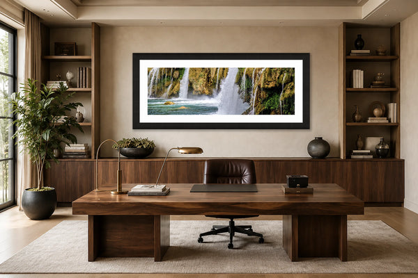 Krka Falls panoramic Croatia waterfall fine art print framed above a long walnut credenza in a refined modern luxury home office and study