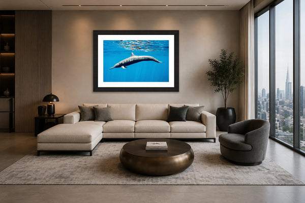 Marine Mirage underwater dolphin fine art print framed in black above a sofa in a modern luxury high-rise lounge with city views