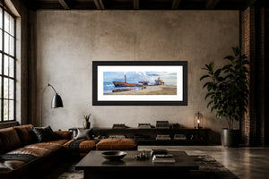 Playa Manzanillo graffiti shipwreck panoramic fine art print framed in a modern industrial loft living room