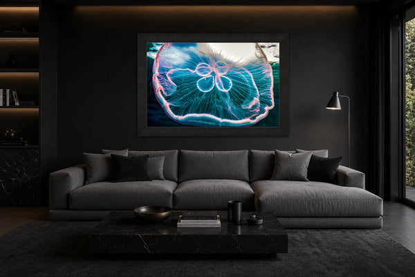 Psychedelic State glowing jellyfish fine art print framed in black on a charcoal wall above a grey sofa in a moody contemporary lounge