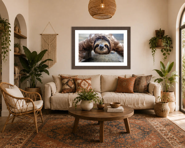 Sloth Crossing close-up portrait fine art print framed in walnut above a sofa in a warm bohemian living room with plants