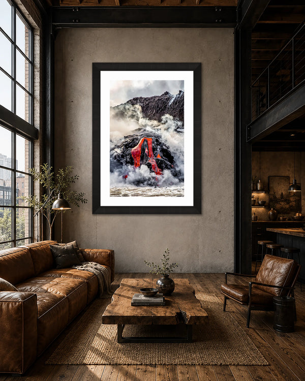 The Four Elements lava meeting the sea print framed on a concrete wall in a warm industrial loft