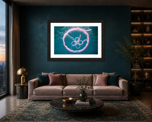 The Moon Jellyfish glowing pink jelly print framed on a deep teal wall in an elegant jewel-tone living room