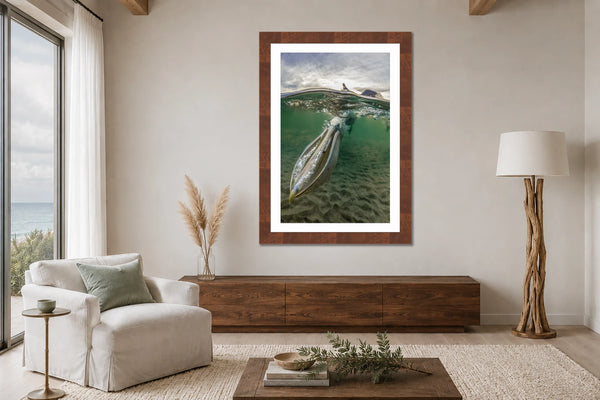 The Scoop pelican fine art print framed in walnut on the wall of a serene coastal living room