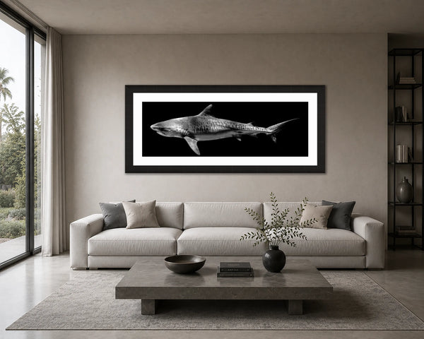 Tiger Stripes black and white tiger shark panorama framed above a sofa in a minimalist modern gallery living room