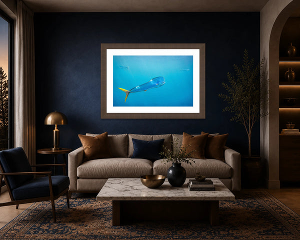 Tres Mahi Mahi electric blue and gold dorado print framed on a navy wall in an elegant jewel-tone living room