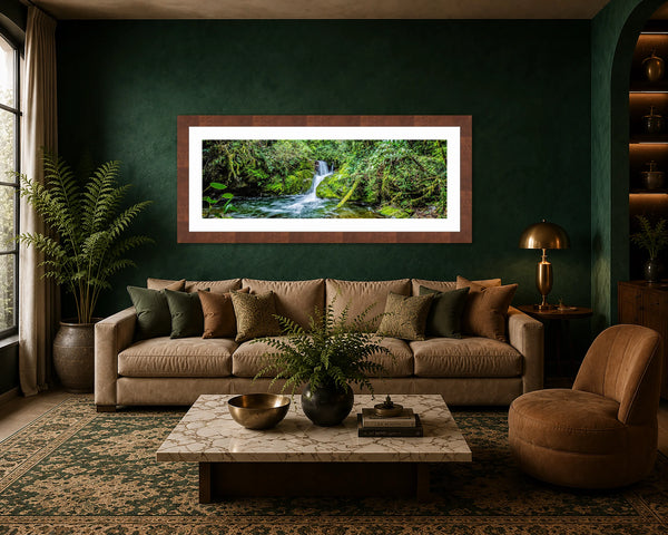 Trogan Falls rainforest waterfall panorama framed on a deep emerald wall in a lush jewel-tone living room