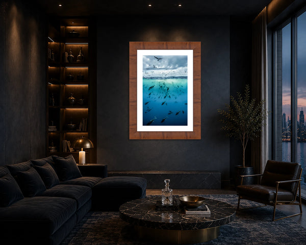 Tuna Frenzy over-under ocean print framed on a moody slate-blue wall in a luxurious dramatic living room