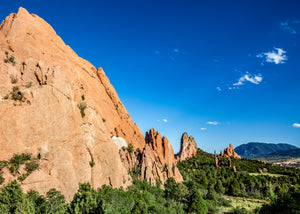Towering red sandstone formations at Garden of the Gods in Colorado